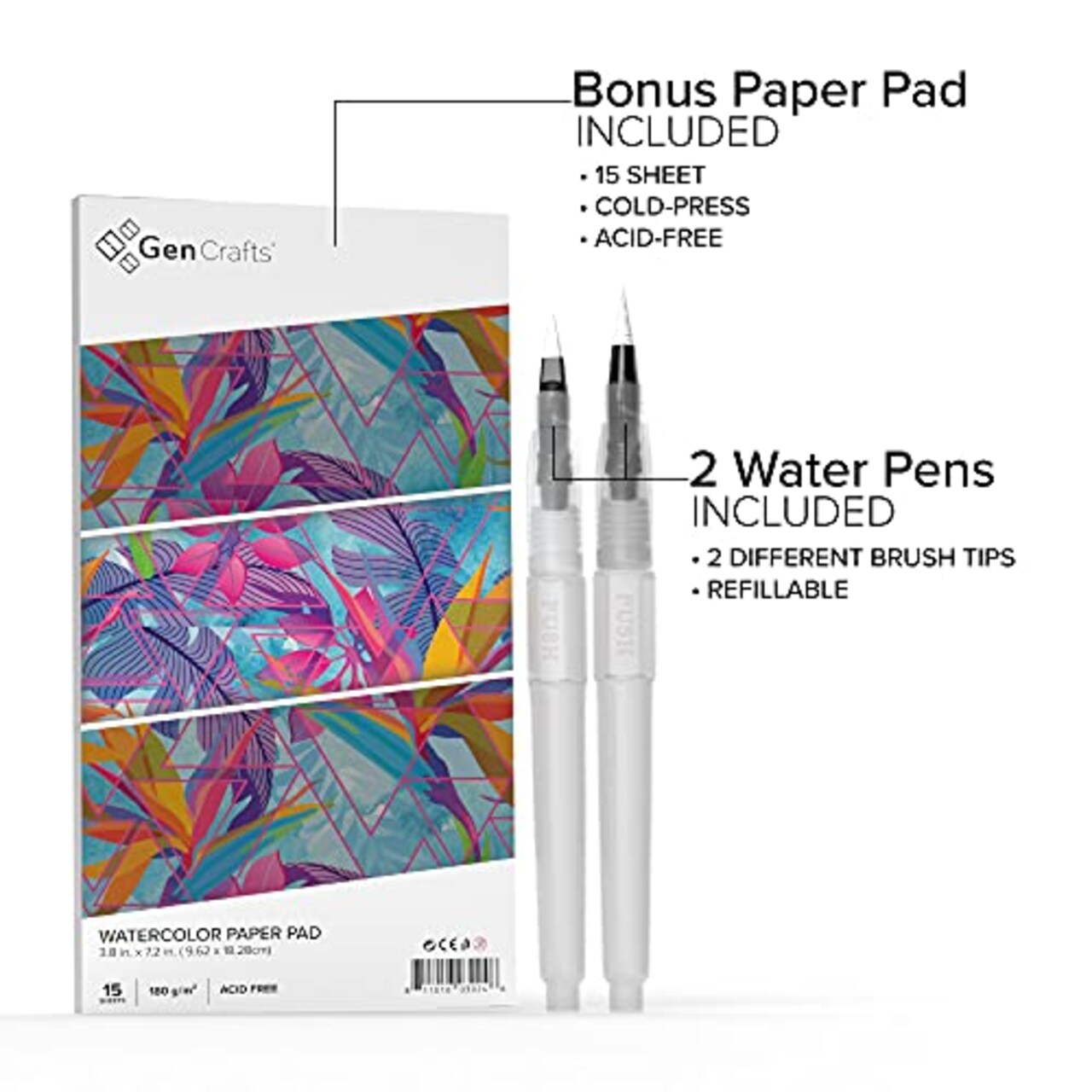 Watercolor Palette with Bonus Paper Pad 24 Premium Colors - 2 Refilable Water Brush Pens - 15 Sheets of Water Color Paper - Portable Painting